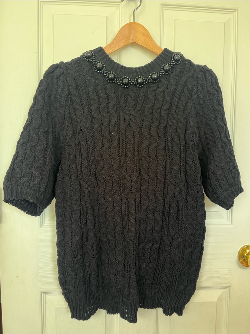 ZARA Black Cable Knit Short Sleeve Sweater with Beaded Neckline